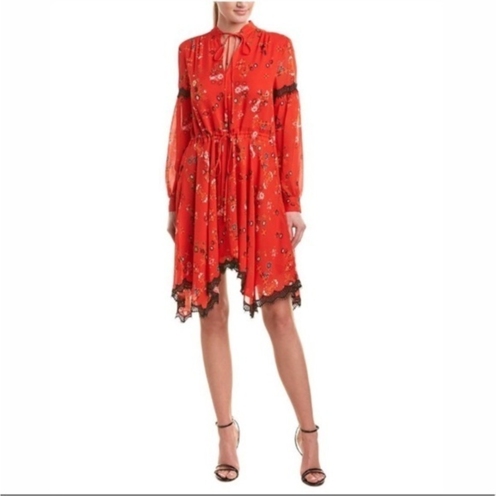 Derek Lam 10 Crosby Red Black Floral Print Silk Long Sleeve Dress Size 8